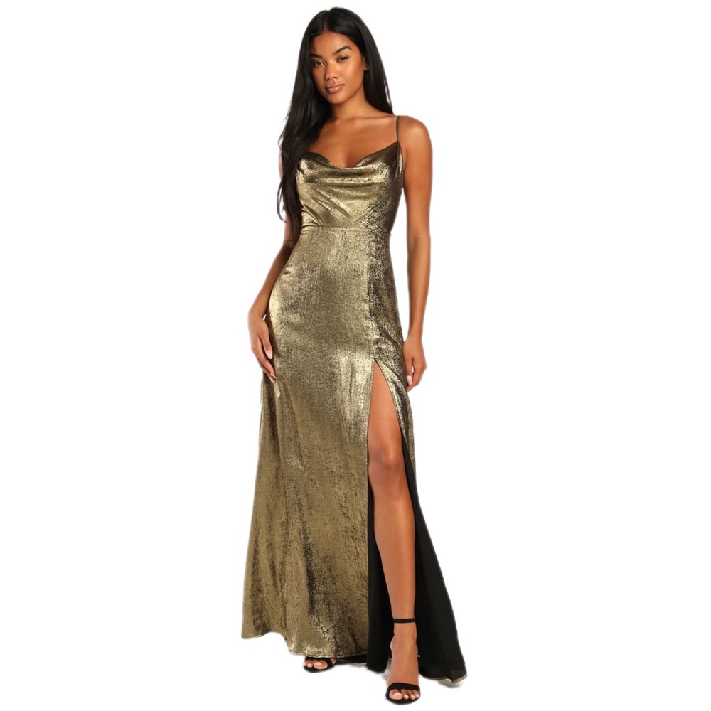 🆕 Shining Just For You Gold Metallic Cowl Neck Maxi Dress (M & L available!)